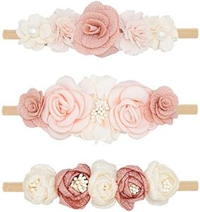 WNYUJOY Baby Girl Flower Headbands Set, 3pcs Elastic Nylon Floral Hair Band, Bows Wrap for Infant Newborn Toddler