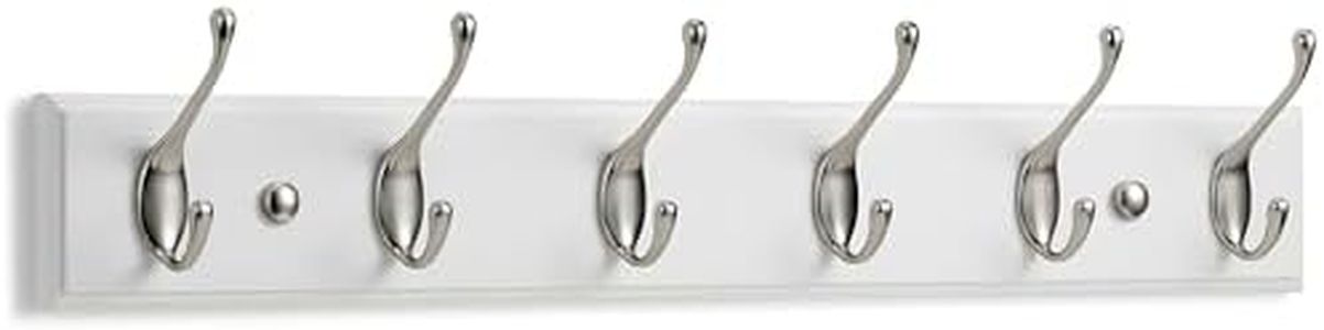 LARHN White Coat Hooks Wall Mounted Coat Rack - 6 Matt-Nickel Wall Hooks - 59 cm - All Fixings Included for Quick & Easy Installation