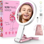 LitBear Travel Makeup Mirror with Lights, Rechargeable Double Sided 10X /1X Magnifying Mirror, Portable Lighted Beauty Mirror, 3 Color Lighting, Dimmable Touch Screen, Tabletop Handhold Hanging