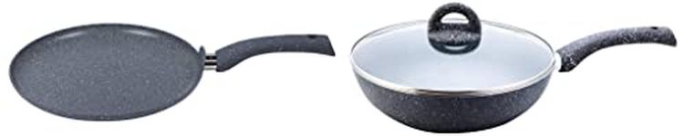 Wonderchef Granite Non-Stick Dosa Tawa, Induction Bottom, Soft-Touch Handles, Virgin Grade Aluminium, PFOA/Heavy Metals Free,3.5mm,30cm, 2 Years Warranty, Grey & Granite Wok with Lid, 24cm, 2.7L,Grey