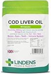 Lindens Cod Liver Oil 1000mg Capsules - 90 Pack - High in Omega 3, Vitamins A & D Contributes Towards Normal Skin, Hair, Nails, Bones, Eyes, Teeth, Brain & Immune System - UK Manufacturer, Letterbox Friendly