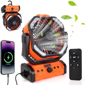 ELZO Ventilateur de Camping USB 20000 mAh avec Lumière LED,Ventilateur de bureau/tente rechargeable portable avec télécommande et crochet, rotation de la tête à 270° pour Ouragan de pêche de panne