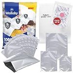 Wallaby 100 Count Mylar Bag Bundle - 5Mil Multi-Size Pouches, 100x 400cc Oxygen Absorbers, 100x Labels - Heat Sealable, Food Safe & BPA-Free - Long-Term Storage for Preppers - Silver (Flat)