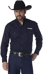 Wrangler Mens Western Logo Long Sleeve Snap Front Shirt, Navy, Medium