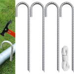 Eurmax USA Trampolines Stakes Heavy Duty Ground Stakes Canopy Parts Wind Stake with Rope 12 Inch Heavy Duty Stake Safety Ground Anchor Galvanized Steel J Shaped, Pack of 4(Silver)