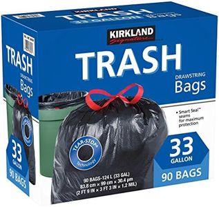 Kirkland Signature Carton is 100% recyclable 33 Gallon Black Drawstring Trash Bag 90 Count ,Tear-Stop Technology