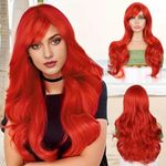 Creamily Long Hair Wig for Women with Flat Bangs,Red Full Head Hair Wig for Women,Curly Wigs for Women 23 Inches,Synthetic Heat Resistant Fiber Women Hair Wig for Party,Cosplay,Diwali