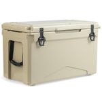 COSTWAY 25QT/30QT/50QT Rotomolded Enhanced Ice Cooler Box, Portable Ice Retention Boxes with Cup Holders and Bottle Opener, Insulated Ice Chest, 5-7-day Ice Retention (47L, with Nylon Handle, Tan)