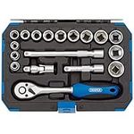 Draper 18 Piece Metric Socket Set with Ratchet Tool & Case - 3/8" Square Drive - DIY Home Professional & Car Kit, Blue