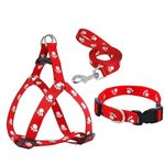 Woofy Pet Paw Print Nylon Puppy Harness + Leash and Collar Set for Small & Medium Dogs (Red)