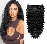 Sexycat Deep Curly Wave Hair Extensions Clip in-8Pcs 100g Clip in Hair Extensions Real Human Hair, Natural Black Color Water Wave Clip on Double Weft Hairpieces for Women 14 Inch