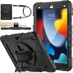 SEYMAC stock Case for iPad 9th/8th/7th Generation 10.2'', [Full-Body] Drop Proof Armor Case with 360° Rotating Stand [Pencil Holder][Screen Protector] Hand Strap, usDeepBlack