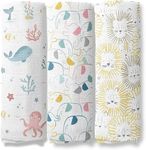 haus & kinder Animal Arcade Collection 100% Cotton Muslin Baby Swaddle Wrap for New Born, Size 100 cm by 100 cm - Pack of 3 (Ocean, Elephant, Lion)