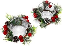 OYATON Christmas Votive Candle Holders with Snowy Pinecone Berry Candle Ring, Decorative Glass Tealight Candle Holder Set of 2 for Home, Wedding, Living Room and Bedroom Decor(Exclude Candles)