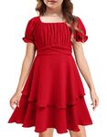 Arshiner Girls Dress Summer Off Shoulder Puff Sleeve Boho Chiffon Solid Midi Party Dresses Red 5-6 Years