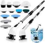 Electric Spin Scrubber, Cordless Cleaning Brush Scrubber with 12 Replaceable Brush Heads, 360 Power Scrubber Dual Speed with Adjustable & Detachable Handle for Bathroom Kitchen Car (White)