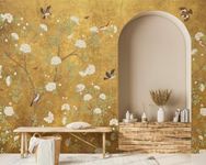 Ausril Plum Blossom Mural Wallpaper, Golden Background Floral Wall Mural, Chinoiserie Bird Flower Mural, Vintage Branches Wallpaper for Living Room, Bedroom, Dinning Room 161"x108"(Not Peel and Stick)