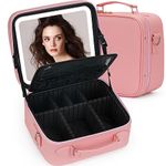 ViKert Travel Makeup Bag with Light Up Mirror,Makeup Travel Case with adjustable dividers,Waterproof Makeup Train Case,lighted Makeup Case with Detachable Mirror, Pink1