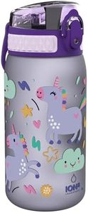 Ion8 Kid's One Touch On-The-Go Printed Water Bottle - Leakproof and BPA-Free Water Bottle - Fits Car Cup Holders and Kid's Backpacks 12 oz / 350 ml - Unicorns