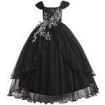 Weileenice Girls Lace Party Dress Black Cold Shoulder Embroidery Vintage Flower Girl Wedding Pageant Birthday Halloween Gown Sequin Beads Kids Bridesmaid Holiday Funeral Prom Ball Tulle Dresses 4 5