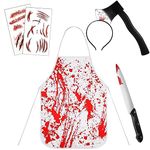 Leyndo 5 Pcs Halloween Cooking Apron Set Scary Chef Apron Halloween Costumes Apron Knife Axe Headband Tattoo Stickers Zombie Party Accessories for Men Adult Teen