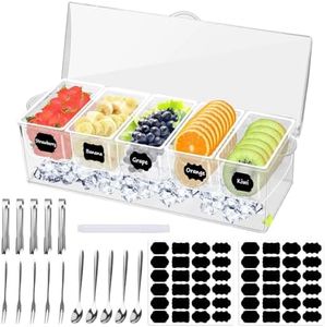 DARCKLE 5 Compartment Condiment Server, Ice Chilled Condiment Containers with Hinged Lid Chilled Caddy with 5 Removable Dishes and 15 Pieces Stainless Steel Serving Tongs Serving Spoons Fruit Forks