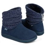 LongBay Ladies' Warm Chenille Knit Bootie Slippers Comfy Suedette Fluffy Faux Fur Memory Foam Boots House Shoes(5-6 UK,Navy Blue)