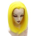 Iewig Short Bob Straight Yellow Wig Halloween Half Hand Tied Synthetic Lace Front