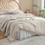 Litanika Linen Grey Comforter Queen Set, Boho Tassel Comforter Aesthetic 3 Pieces, Lightweight Fringe Microfiber Bedding Set for All Season(1 Comforter 90x90 inch, 2 Pillowcases)