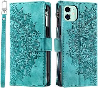 Mavis's Diary Compatible with iPhone 11 Case Wallet for Women, Mandala Floral Embosssed PU Leather Folio Zipper Cover Magnetic Flip Book Case with Card Holder Wrist Strap (Green)