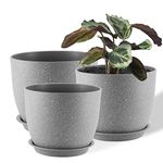 FORAGIFT 25/23/20cm Plant Pots Indoor, 3 Pack Modern Decorative Plastic Planters with Drainage Holes and Tray for House Plants, Grey Speckles