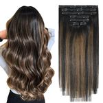 Ombre Clip in Hair Extensions Real Human Hair Remy Human Hair 22 Inch Natural Black to Chestnut Brown 70G/7Pcs Soft Silky Straight 16clips for Women