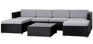 EVRE Nevada Black 6 Seater Outdoor Rattan Garden Furniture Set Wicker Weave Sofa Coffee Table Stool with Cushions For Patios Decks Conservatories Sectional Corner Conversation Piece