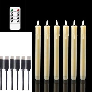 Datomarry Pack of 6 Decorative Rechargeable Beige Taper Candles with USB Charge Warm White Light 10 Inch,Remote Flameless Christmas LED Window Candles,25.5 cm Plastic Room Wedding Candles with Timer