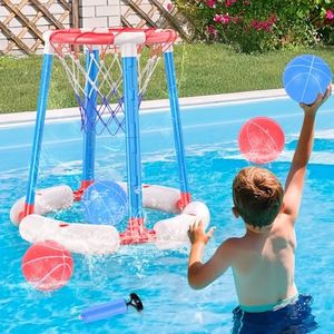 Pool Basketball Hoop with 4 Balls and Pump – Poolside & Floating Basketball Hoop for Pool, Fun Pool Toys & Swimming Pool Games, Water Basketball Game for Kids Ages 3+, Perfect for Summer Parties