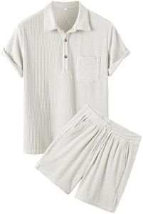 ZAFUL Men Set Polo Shirt Solid Color Texture Button Up Corduroy Beach Shirt and Drawstring Shorts Set White L