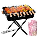 ORILEY Foldable Charcoal Barbeque Grill Set with 8 Sticks 1 Glove and 1 Tong Portable Free Standing BBQ Tools for Home Outdoor Camping Picnic Travel Cooking (Pack of 1, Black)