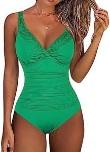 Hilor Women's One Piece Swimsuits Pin Tucked Surplice Swimwear Tummy Control Bathing Suits Monokinis Green 8