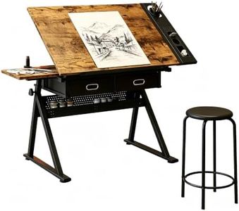 Garvee Height Adjustable Drafting Table, 0-75°Tilting Drawing Desk Artist Table w/Stool, Multifunctional Art Craft Workstation with 2 Storage Drawers for Home Office Reading, Writing, Crafting