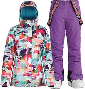 Women's Ski Jackets and Pants Snowboarding Snowsuit Coat Warm Hooded Waterproof Windproof Insulated, Camouflage Puple, Medium