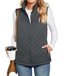 POPYOUNG Women's Quilted Vest, Stand Collar Lightweight Gilet Zip Padded Sleeveless Outwear Tops L, Dark Grey