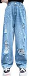 SEAUR Kids Girls Jeans Baggy Distressed Hole Jeans Fashion Ripped Wide Leg Jeans Casual Elastic Waist Denim Pants Blue 10-11 Years