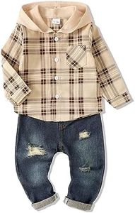 Yhnslsf 2T Boy Clothes 3T Winter Toddler Boy Outfit Flannel Plaid Button Hoodied Shirts Ripped Denim Clothes Fall Baby Boy Sweatshirts Jeans Pants Set 2-3T Boys Outfits