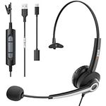 USB Headset with Microphone for Work, Wired USB Headset with Microphone Noise Cancelling, Ultra Light Computer Headset for PC with Type C Adapter Mute Volume Control for Zoom Skype Call Center Office