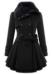 TYQQU Women's Elegant Faux Fur Collar Coat Winter Mid Length Coat Double Breasted Belted Woolen Blend Jacket Coat Jet BLK S