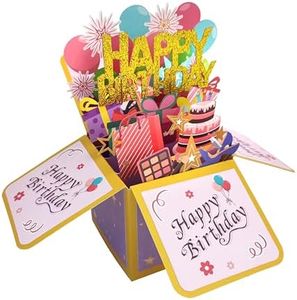 ROBBEAR Funny Happy Birthday Pop Up Card, Sweet 3D Birthday Gift Box for Adults and Kids with Envelopes, Unique Handmade Foldable Celebration Cards for Daughter, Son, Mom, Dad, Friend