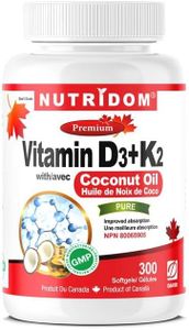 Nutridom Vitamin D3 (1,000 IU) + K2 (120 mcg) with Coconut Oil, Cholecalciferol D3 + MK7, Natto-Derived Menaquinone-7 Supplement, Non-GMO, Free of Gluten, Soy & Dairy (300 Softgels)