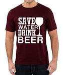 Caseria Men's Round Neck Cotton Half Sleeved T-Shirt with Printed Graphics - Beer Save Water (Maroon, XL)