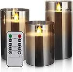 Led Flameless Candles, Battery Operated Flickering Candles Pillar Real Wax Moving Flame Electric Candle Sets Gold Glass Effect with Remote Timer, 4 in, 5 in, 6 in, Pack of 3 (Grey Glass)