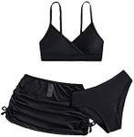 SHENHE Girl's 3 Piece Cute High Waisted Spaghetti Strap Swimsuit Bikini Sets with Beach Skirt Tie Side Black 9Y